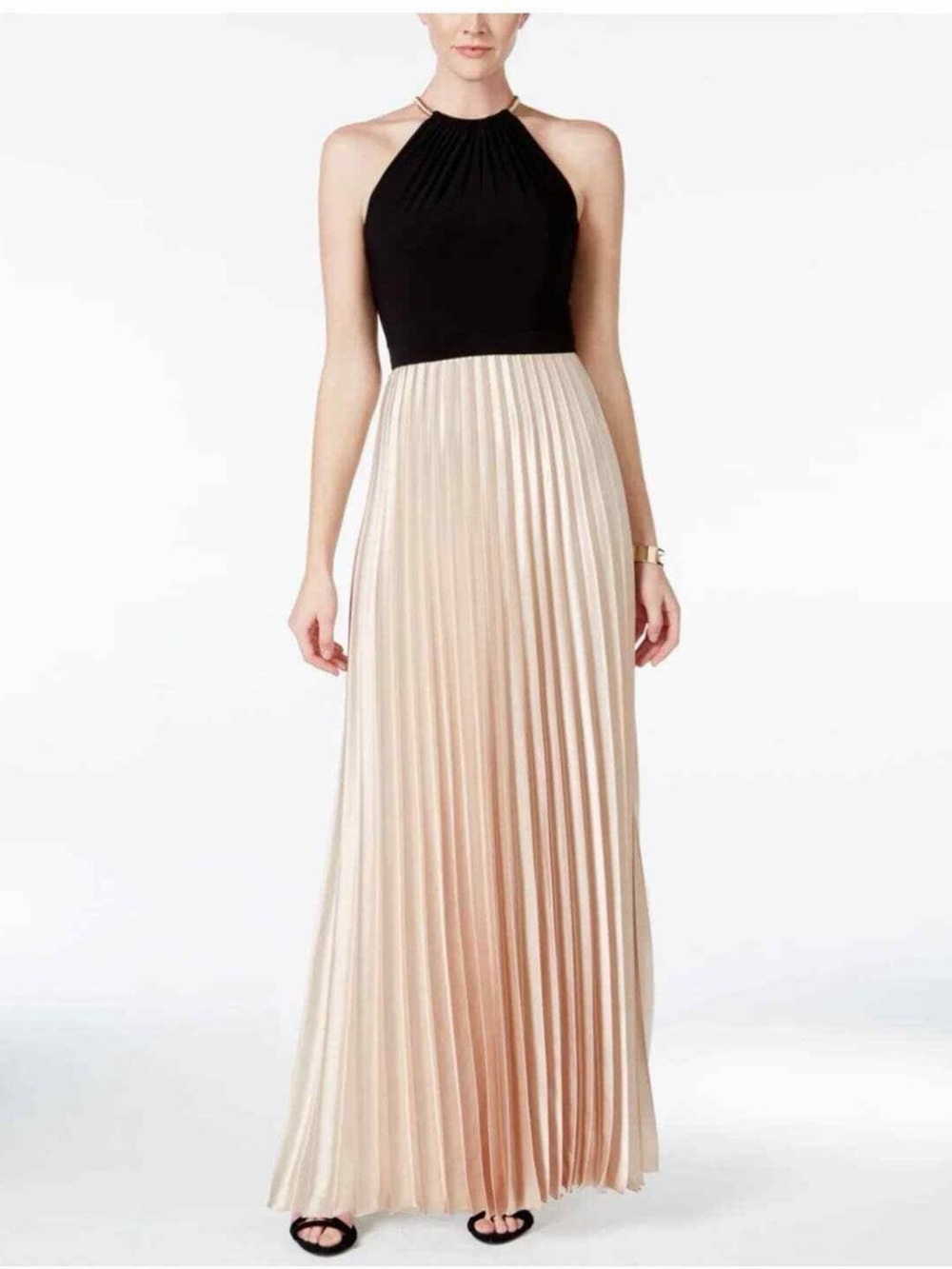 Xscape black halter dress with champagne pleated skirt